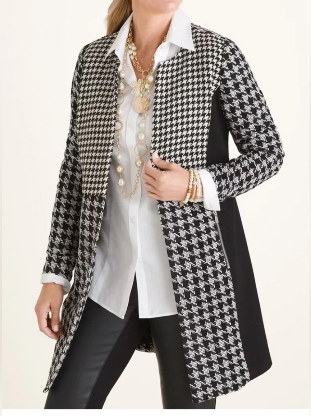 Chico’s Houndstooth Long Blazer Jacket Size 0 US 4/6 Black White Career Chic
